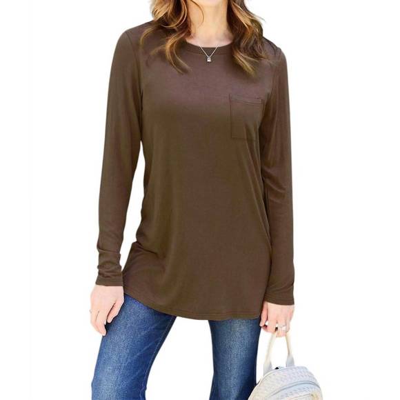 NEW BASIC BAE luxe long sleeve top with pockets in chocolate - Picture 1 of 5